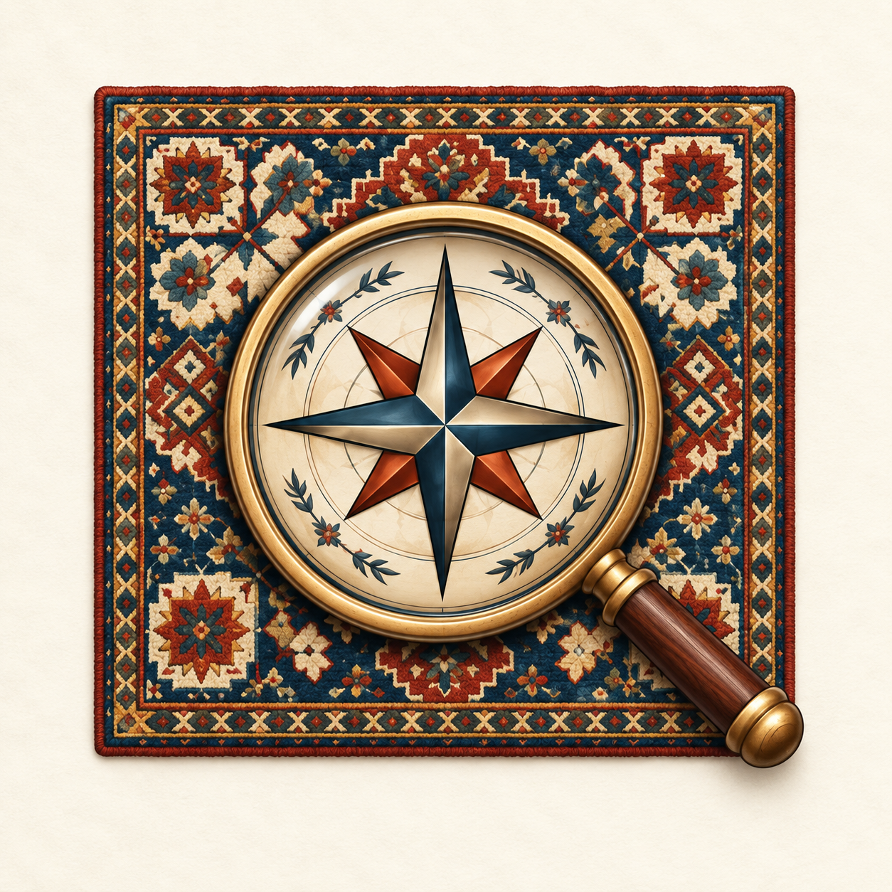 Rug Atlas compass and magnifying glass on a patterned rug